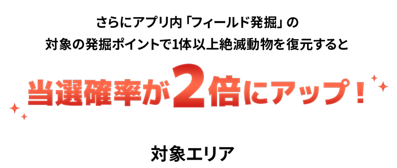 さらにフィールド発掘の特定エリアで1体以上絶滅動物を復元したら当選率2倍！